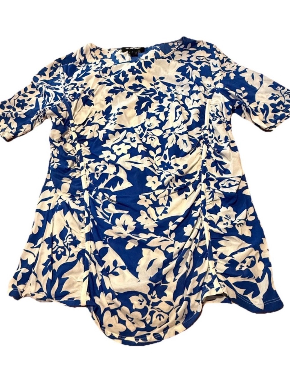 Ellen Tracy Blue White Floral Leaves Women Large Silk Blouse Ruching Feminine